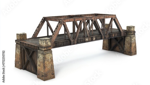 A realistic depiction of an old bridge with iron beams, set against a white background. 