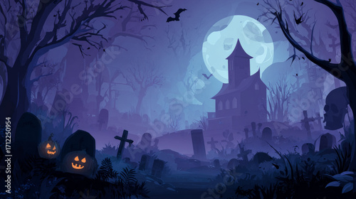 Happy Halloween. Spooky ghost, pumpkin and bat. Scary halloween pumpkin glowing. Decoration for holiday.