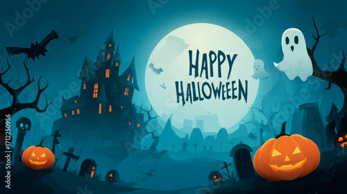 Happy Halloween. Spooky ghost, pumpkin and bat. Scary halloween pumpkin glowing. Decoration for holiday.