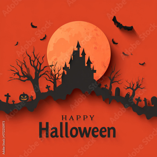 Happy Halloween. Spooky ghost, pumpkin and bat. Scary halloween pumpkin glowing. Decoration for holiday.