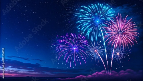 Colorful fireworks bursting in night sky with vibrant blue and pink explosions
