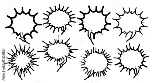 Collection of stylized, empty speech bubbles, designed with jagged edges, ready for text.