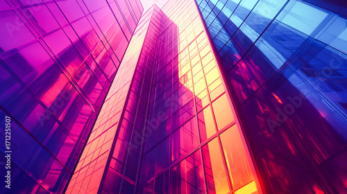 Abstract polygon building background. Futuristic unique contemporary glass wall architecture, 3d modern luxury exterior office building, geometric diamond shape design, city skyscraper landscape,