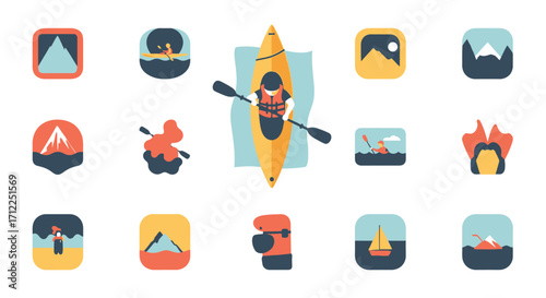 Vector icon set for outdoor adventure and camping activities.