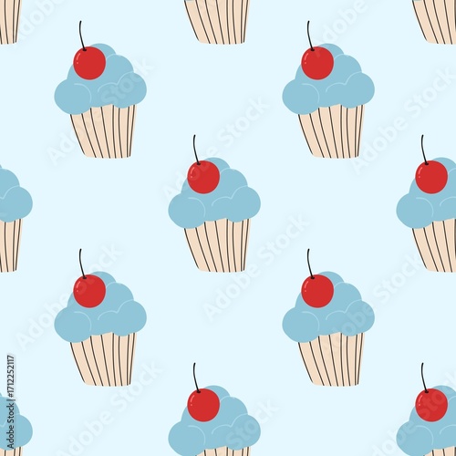 Wallpaper Mural Hand drawn blue cupcake pattern background. Cute cupcake pattern background. Cherry cupcake seamless pattern. Seamless patterns with sweet dessert cupcakes. Torontodigital.ca