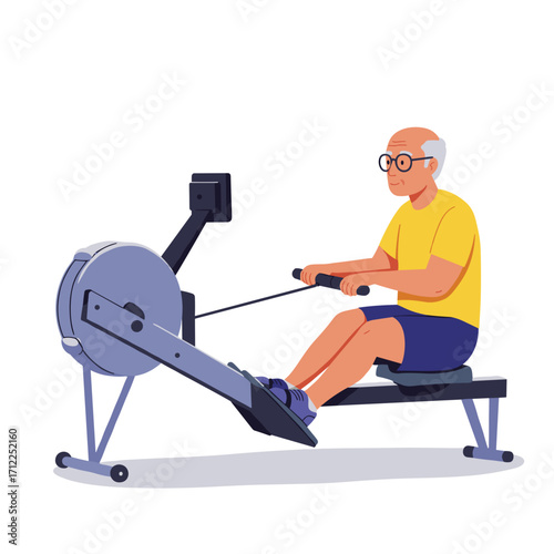 Senior man exercising on rowing machine in gym with focused expression  