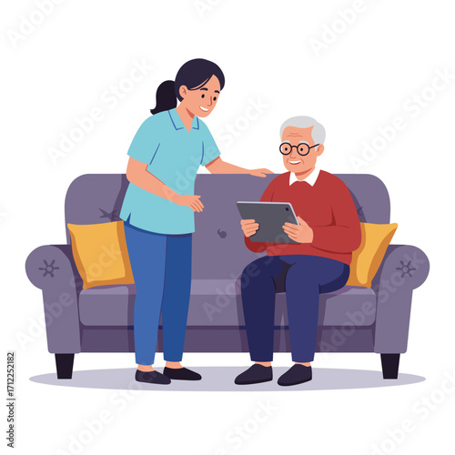 Caregiver supporting elderly patient while sitting on a sofa  