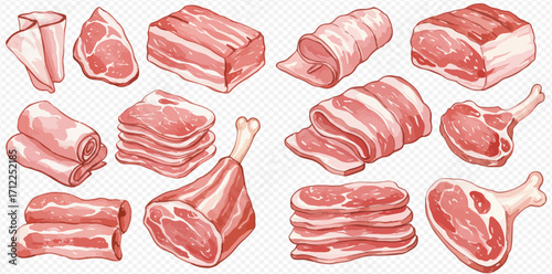 An illustrated collection of various raw meat cuts, including bacon, steak, and ham, on a transparent background.