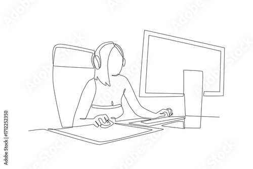 Women who play competitive PC games. Co‑op game concept one-line drawing