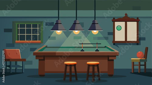 A game room with a wooden pool table metal bar stools and a modern industrial light fixture.