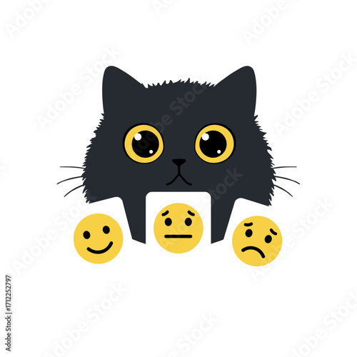 Flat icon of black fluffy cat choosing between emoji cards happy calm sad, isolated