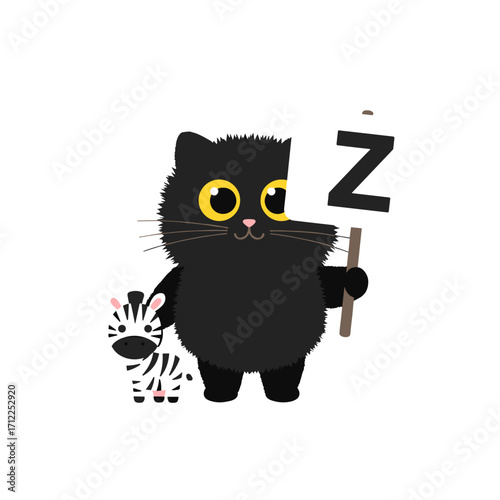 Flat icon of fluffy black cat holding a placard with letter “Z” while standing next to a tiny cartoon zebra, isolated