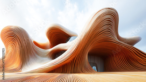 Fototapeta Naklejka Na Ścianę i Meble -  Abstract sustainable architecture clad in ecological organic wood. Modern luxury building background, 3d futuristic design, aesthetic wavy shape, innovative element minimal art museum city landscape
