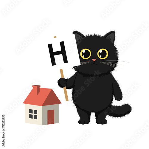 Flat icon of black fluffy cat standing next to a small toy house while holding a placard with letter “H”, isolated