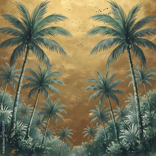 Tropical Palm Trees and Lush Greenery Against a Golden Textured Sky
