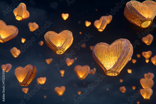 Heart-shaped lanterns glowing in the night sky evoke feelings of love and peace, perfect for romantic getaways, weddings, and Valentine's Day celebrations