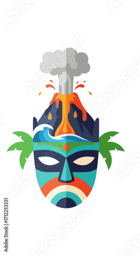 Vibrant Tiki Mask with Volcanic Eruption and Tropical Elements.