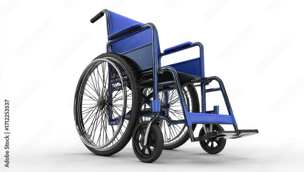 Fototapeta premium A cobalt blue wheelchair, detailed rendering, positioned against a bright white background.