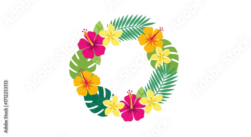 Vibrant tropical wreath with colorful hibiscus flowers and palm leaves.