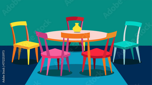 A dining area with a mismatched table and chairs each one painted in a different vibrant color.