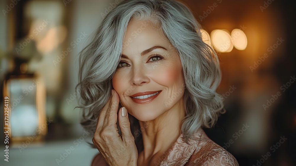 Fototapeta premium Elegant mature woman with silver gray wavy hair and natural makeup smiling warmly in soft evening lighting, showcasing graceful aging and confidence.