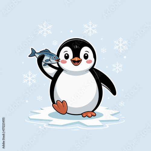 Kawaii penguin with fish on ice floe perfect for childrens books, greeting cards, winterthemed designs, and animalthemed products.