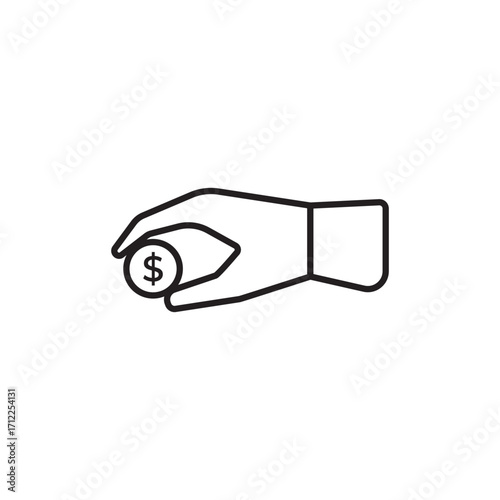 Black and white line icon of a hand pinching a dollar coin, symbolizing giving or receiving money. Perfect for finance, banking, donations, commerce, or digital asset platforms and illustrations.