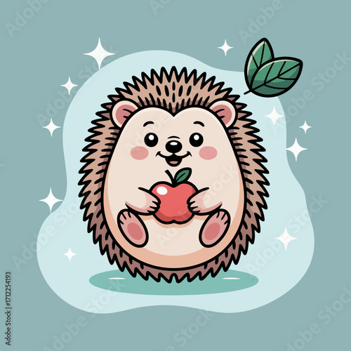 Kawaii hedgehog with green leaves and red apple, perfect for childrens books, greeting cards, stationery, and websites needing cute animal illustrations.