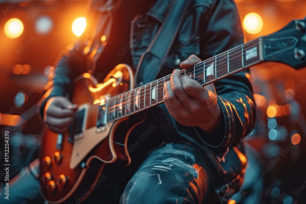 Fototapeta premium Electric Guitarist Performing Under Bright Stage Lights