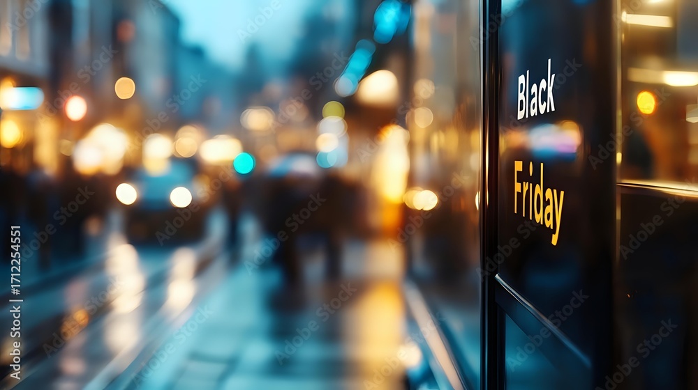 Fototapeta premium Black Friday sign in store window with blurred city street background, rainy evening atmosphere with bokeh lights and reflections on wet pavement.