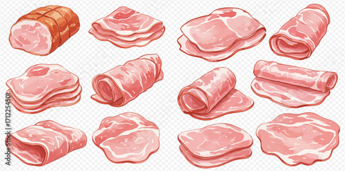 A set of illustrated meat products, including a ham roast, sliced bacon, and rolled cold cuts on a transparent background.