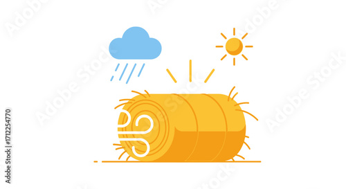 Weather elements affecting a round bale of hay illustration.