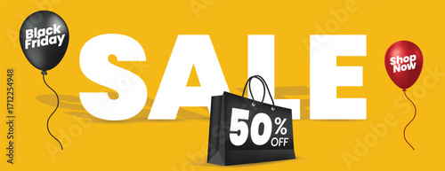 Black Friday Product Sale Marketing Banner with Bold Discount Offer Text on 3D Shopping Bag, Balloons Background, Retail Ads, Promotion Template for Social Media Advertisement