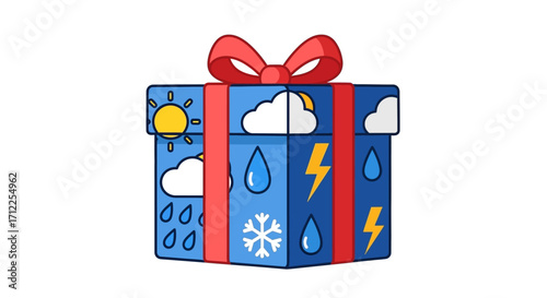 Weather themed gift box with various weather icons and a red bow on top.