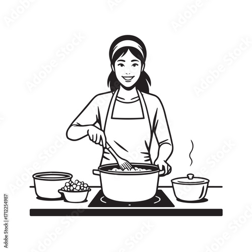 
Black and White Vector Illustration of a Smiling Woman Cooking in Kitchen with Apron and Headband