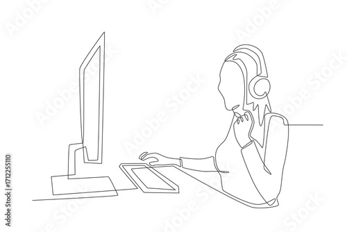 Women who play competitive PC games. Co‑op game concept one-line drawing