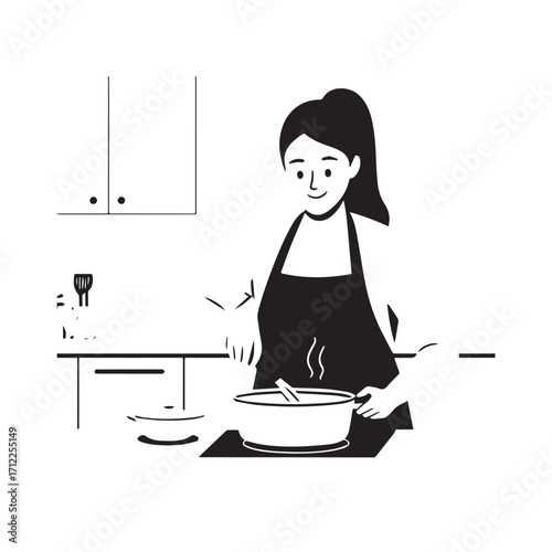 
Black and White Vector Illustration of a Smiling Woman Cooking in Kitchen with Apron and Headband