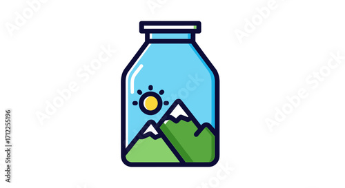 Whimsical Landscape in a Bottle - A Miniature World of Mountains and Sun.