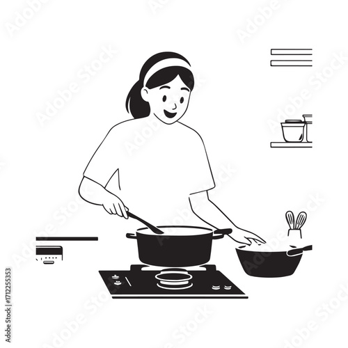
Black and White Vector Illustration of a Smiling Woman Cooking in Kitchen with Apron and Headband