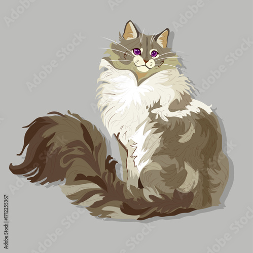 Colored hand-drawn sketch illustration of furry cat pet painting