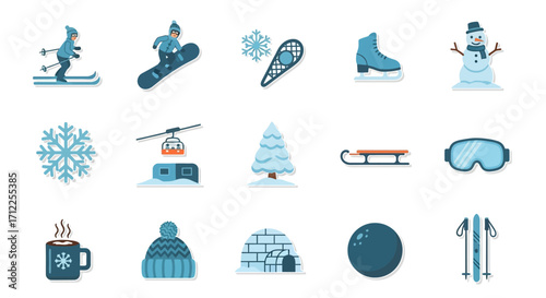 Winter Activities and Elements Icon Set - Skiing, Snowboarding, and More.