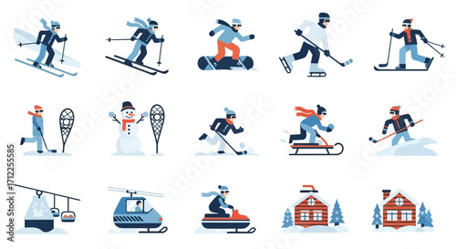 Winter sports activities and winter outdoor fun in snowy weather.
