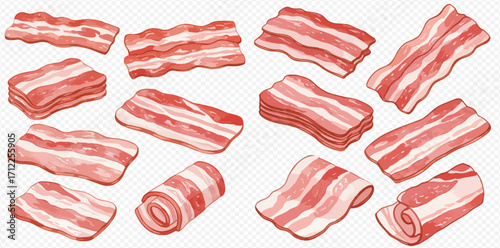 An illustrated collection of raw bacon strips, featuring single rashers, stacked slices, and rolled pieces on a transparent background.