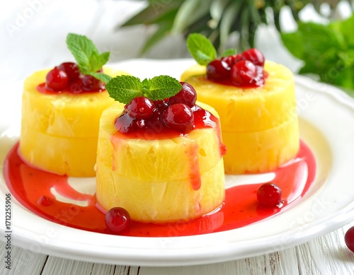 Pineapple slices topped with cranberry sauce, garnished with mint
