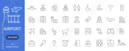 Airport And Travel Line Icon Set. Aviation, Security, And Passenger Services Outline Symbol Collection. Includes Luggage, Boarding, And Facilities. Editable Stroke. Isolated Vector Illustration