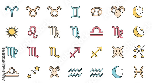 Zodiac Signs Symbols Astrology Icons Collection.