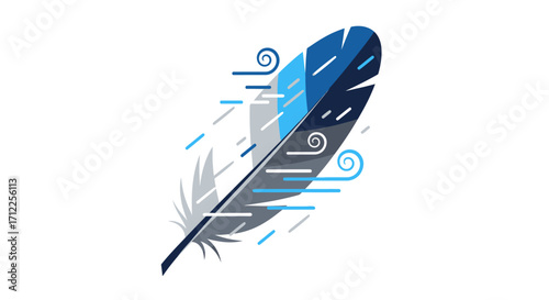 A blue feather with wind blowing around it.