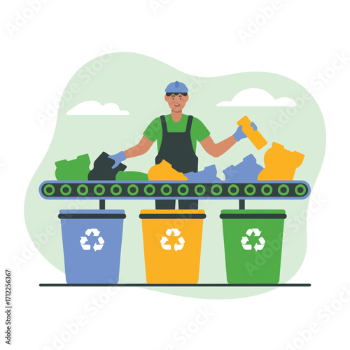 Worker sorts recyclable materials on conveyor belt
