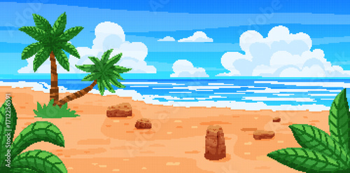 Beach pixel art. Sea background 8 bit. Summer game 2D landscape. Sky with clouds and sun. Ocean water wave. Tropical island nature. Palm foliage. Vector graphic for arcade garish arcade video seascape