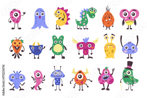 Kid mascots. Cute cartoon monster from simple form. Colorful characters. Basic shapes with emotions. Vector abstract children decorative fantastic animal tidy doodle flat style isolated illustration